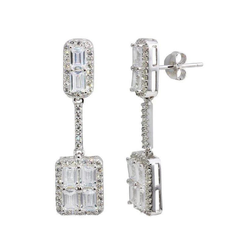 Best hoop earrings with cubic zirconia for a budget-friendly, dazzling look-Rhodium Plated 925 Sterling Silver Dangling Bar and Square Earrings with CZ - BGE00595