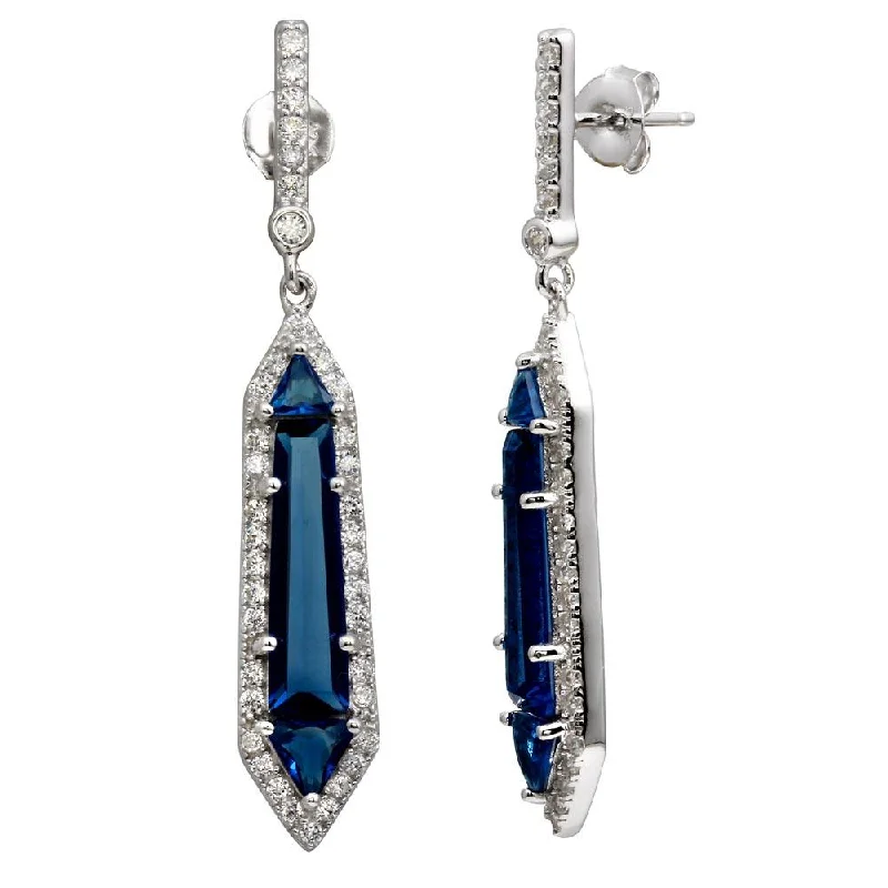 Hoop earrings with artistic filigree designs for an intricate, delicate finish-Rhodium Plated 925 Sterling Silver Dangling Blue and Clear CZ Earrings - BGE00578BLU