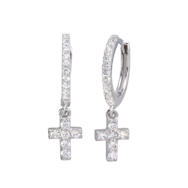 Best hoop earrings with asymmetrical designs for a fashion-forward, avant-garde look-Rhodium Plated 925 Sterling Silver Dangling Cross CZ huggie hoop Earrings - STE01211