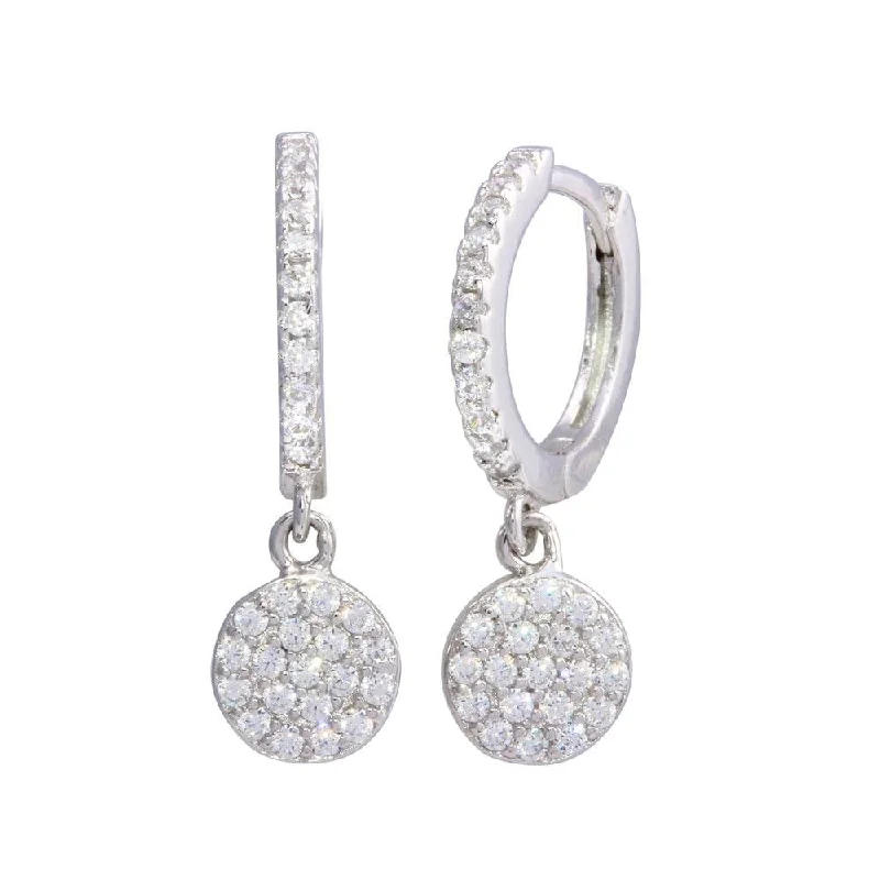 Hoop earrings with rhinestone-studded rims for a glamorous touch-Rhodium Plated 925 Sterling Silver Dangling CZ Disc huggie hoop Earrings - STE01212