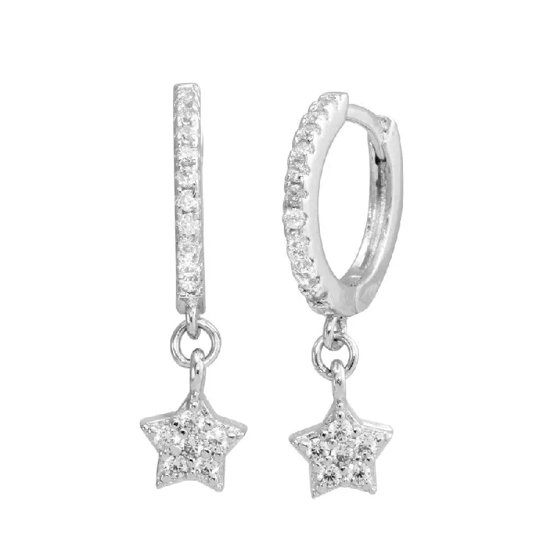 Hoop earrings with resin accents for a bold and colorful design-Rhodium Plated 925 Sterling Silver Dangling CZ Star huggie hoop Earrings - STE01213