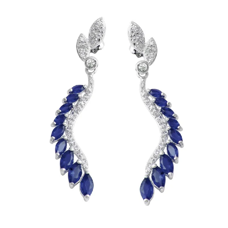 Best hoop earrings with infinity designs for a timeless and meaningful symbol-Rhodium Plated 925 Sterling Silver Dangling Feather Earrings with Blue CZ - BGE00604BLU