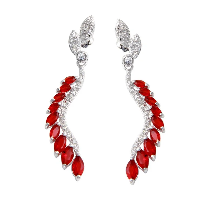 Hoop earrings with rhinestone embellishments for a glamorous and sparkling look-Rhodium Plated 925 Sterling Silver Dangling Feather Earrings with Red CZ - BGE00604RED