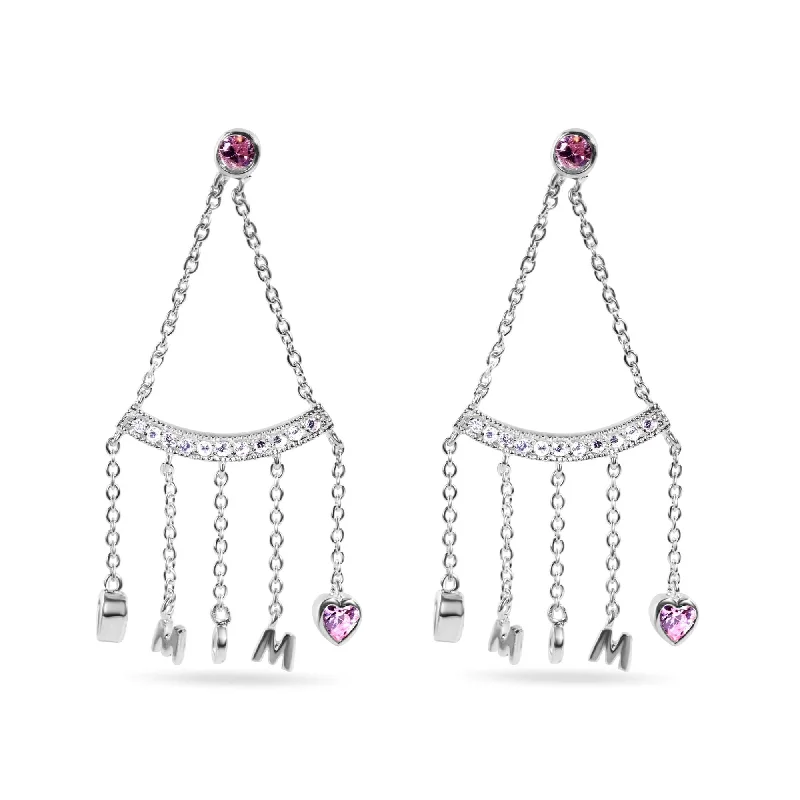 Best hoop earrings with smooth ceramic finishes for a polished, clean style-Clearance-Rhodium Plated 925 Sterling Silver Dangling Hearts Mom Earrings - STE00116