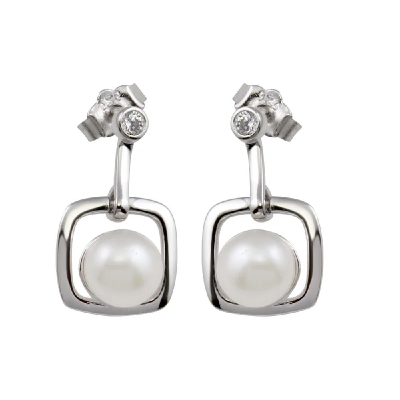 Best hoop earrings with floral designs for a feminine and delicate look-Rhodium Plated 925 Sterling Silver Dangling Square Earrings with Synthetic Pearl and CZ - BGE00583