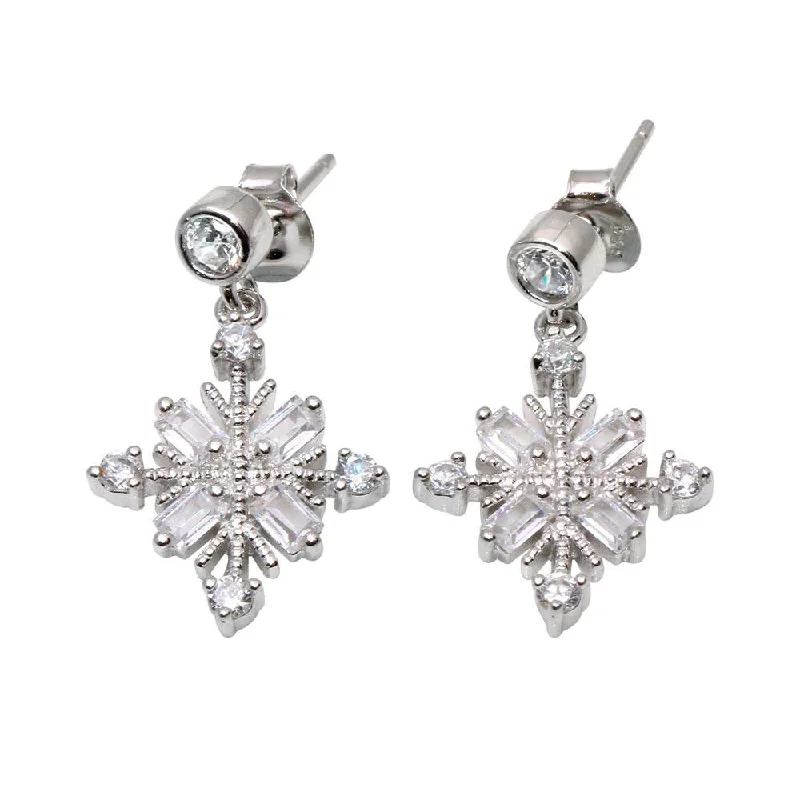 Hoop earrings with infinity loop designs for a continuous and eternal shape-Rhodium Plated 925 Sterling Silver Drop Snowflake Earrings - BGE00574