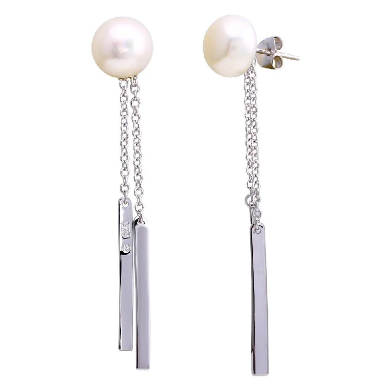 Best hoop earrings with asymmetrical designs for a fashion-forward, avant-garde look-Rhodium Plated 925 Sterling Silver Fresh Water Pearl Bar Dangling Earrings - BGE00625