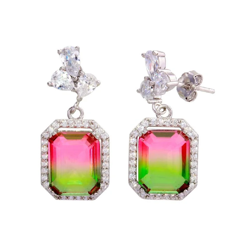 Best hoop earrings with detachable studs for a versatile and adjustable accessory-Rhodium Plated 925 Sterling Silver Green Pink Gradient CZ Dangling Earrings - STE01206