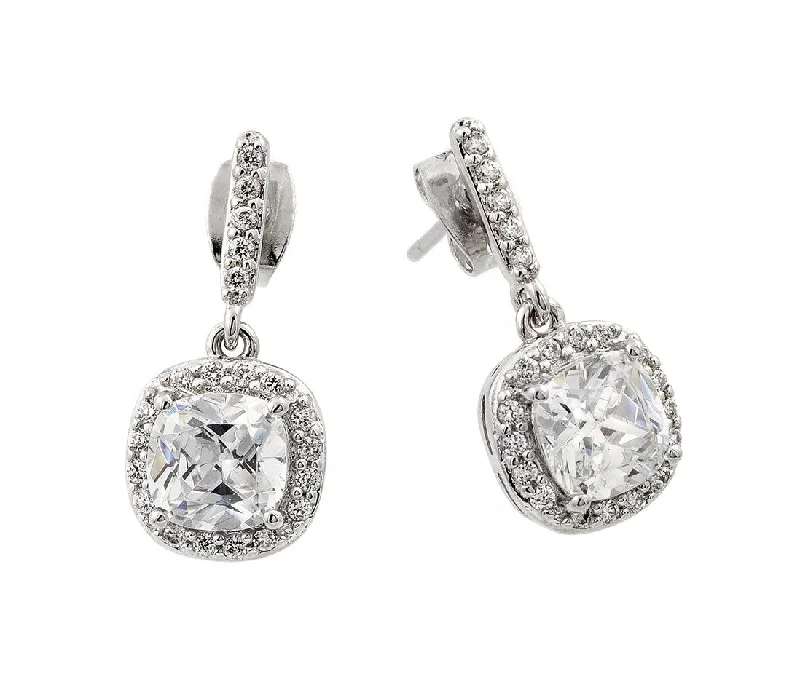 Small hoop earrings for a delicate and understated everyday wear-Rhodium Plated 925 Sterling Silver Hanging Square Halo CZ Earrings - BGE00430