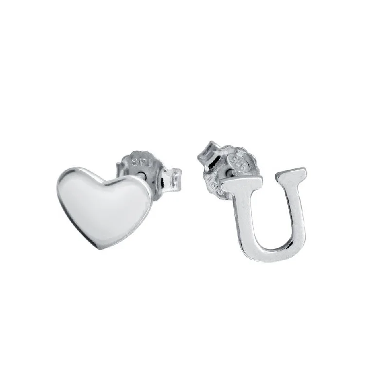 Best hoop earrings with geometric hexagon shapes for a modern, angular look-Rhodium Plated 925 Sterling Silver Heart and U Earrings - SOE00040