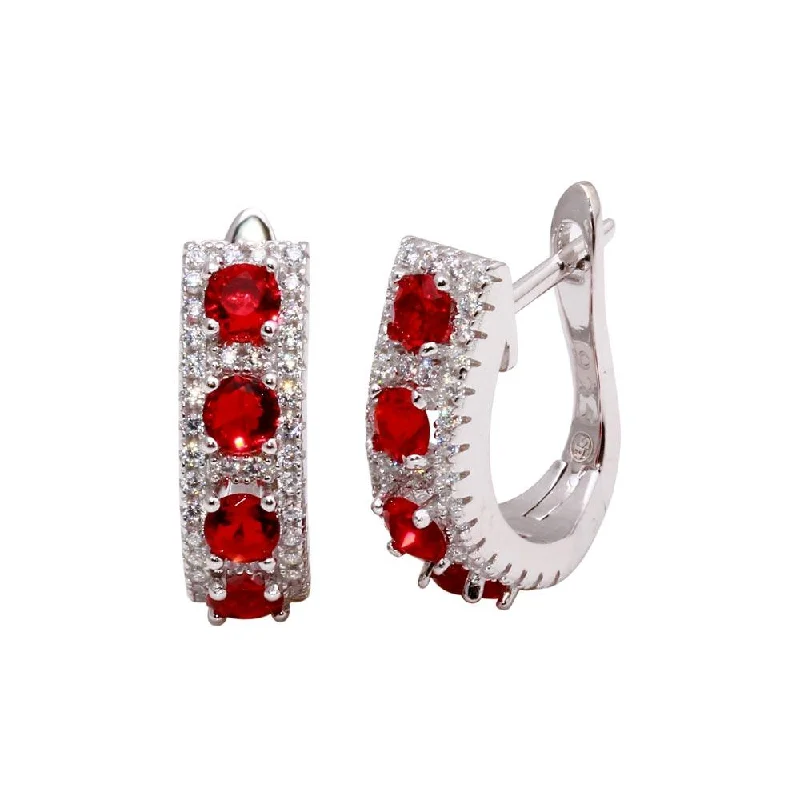 Best hoop earrings with hammered gold for a rustic yet elegant look-Rhodium Plated 925 Sterling Silver Long huggie hoop Earrings with Red and Clear CZ - BGE00571