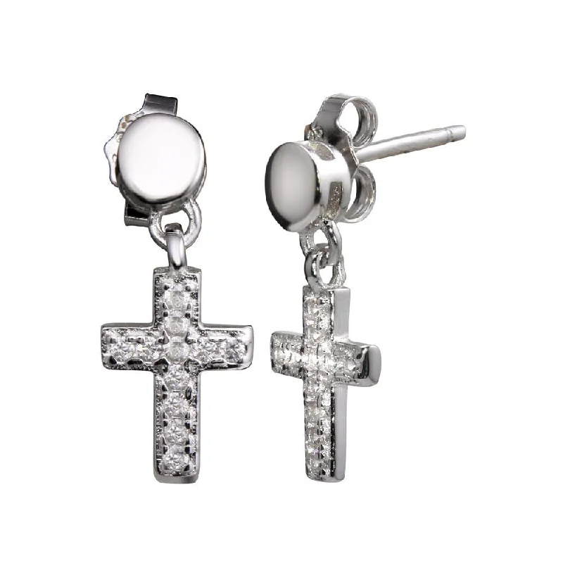 Hoop earrings with twisted leather for a chic and modern boho look-Rhodium Plated 925 Sterling Silver Mini Dangling Cross Earrings - STE01156RH