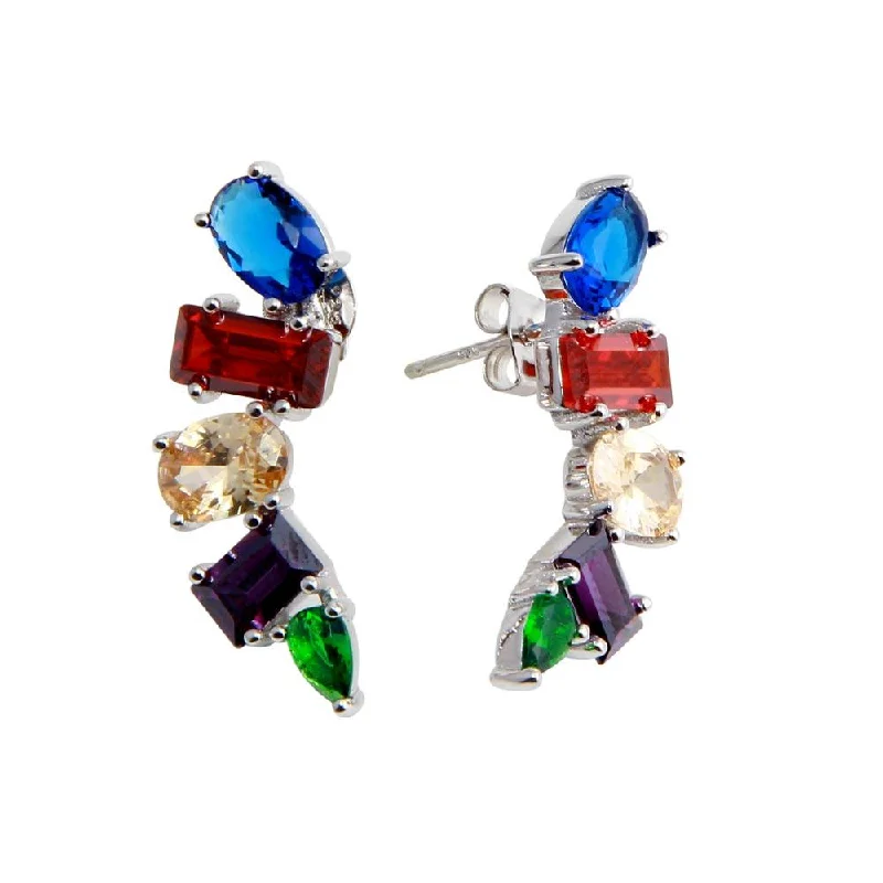 Best hoop earrings with rose gold for a romantic and warm aesthetic-Rhodium Plated 925 Sterling Silver Multi-Colored and Multi-Shaped CZ Stone Earrings - BGE00612