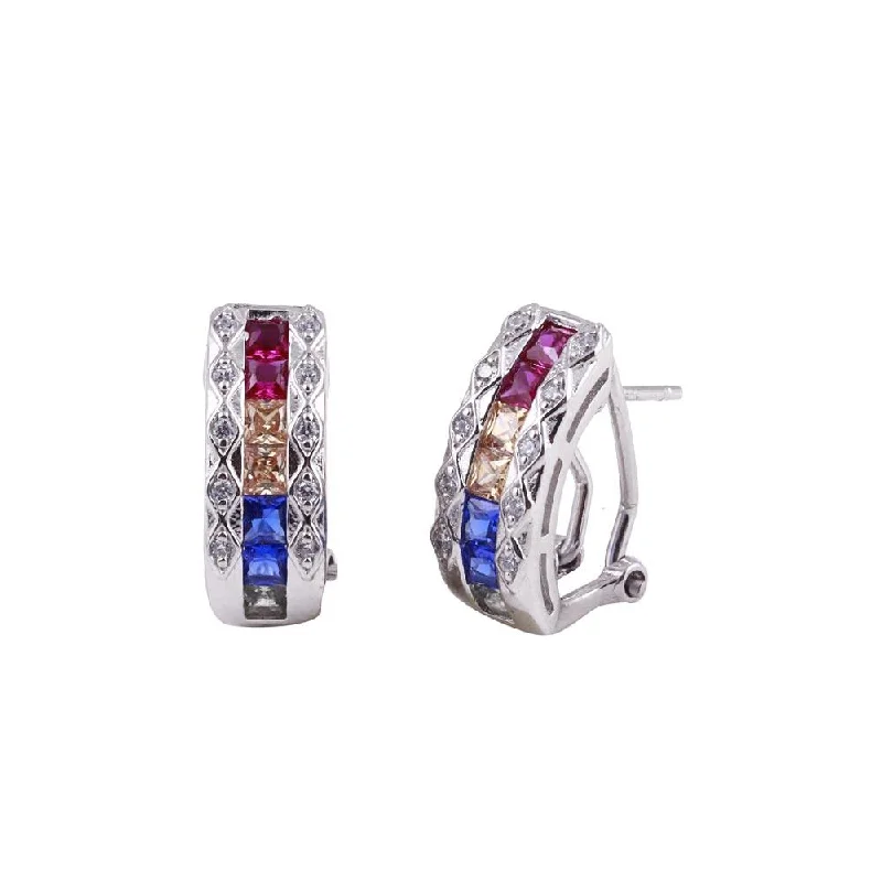 Best hoop earrings with enamel details for a colorful and modern look-Rhodium Plated 925 Sterling Silver Multi-Colored Clip On Hoop Earrings - BGE00602