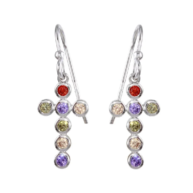 Best hoop earrings with detachable studs for a versatile and adjustable accessory-Rhodium Plated 925 Sterling Silver Multi-Colored CZ Cross Earrings - STE01137