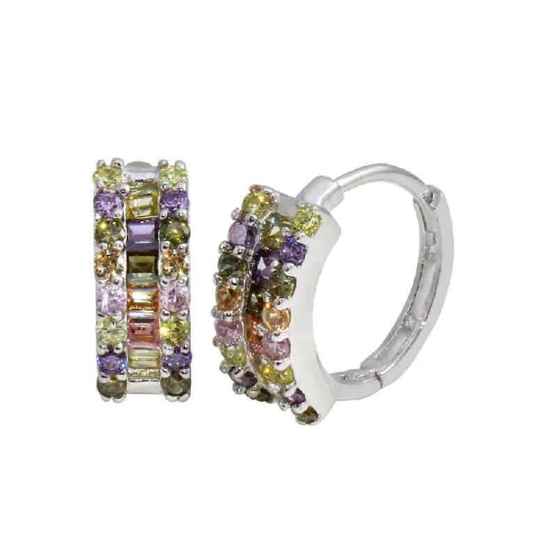 Hoop earrings with a chunky design for a bold and trendy statement-Rhodium Plated 925 Sterling Silver Multi-Colored CZ Stone huggie hoop Earrings - GME00064RBC