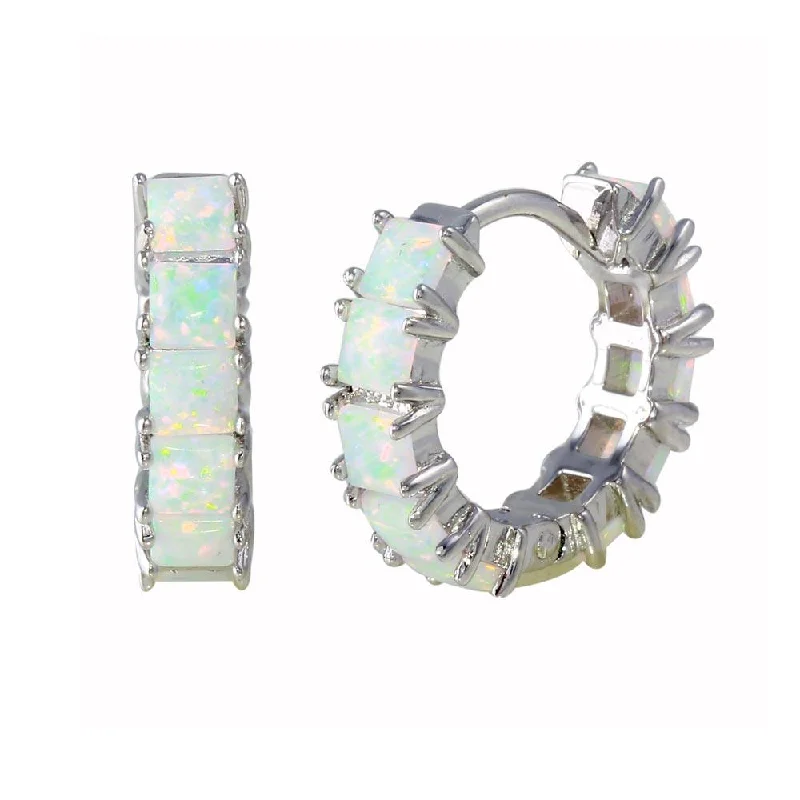 Hoop earrings with multi-tone finishes for a colorful and layered effect-Rhodium Plated 925 Sterling Silver Opal huggie hoop Earrings 16mm - BGE00633