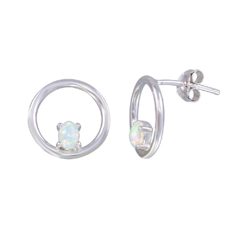 Best hoop earrings with textured silver for a rustic and organic finish-Rhodium Plated 925 Sterling Silver Open Circle Synthetic Opal Earrings - STE01186