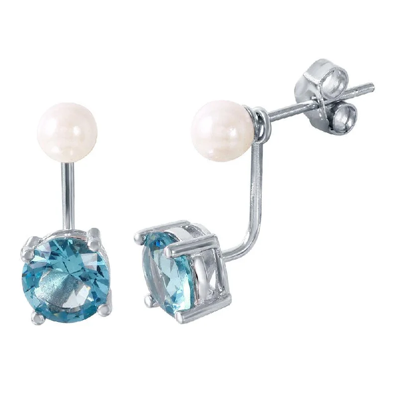 Hoop earrings with hammered textures for a boho-chic and rustic vibe-Rhodium Plated 925 Sterling Silver Pearl Light Blue Front and Back Earrings - STE00990MAR