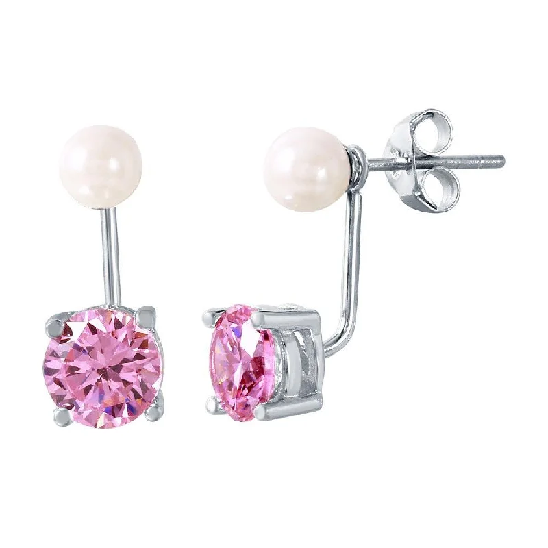 Hoop earrings with twisted metal designs for a dynamic and modern style-Rhodium Plated 925 Sterling Silver Pearl Pink Front and Back Earrings - STE00990OCT