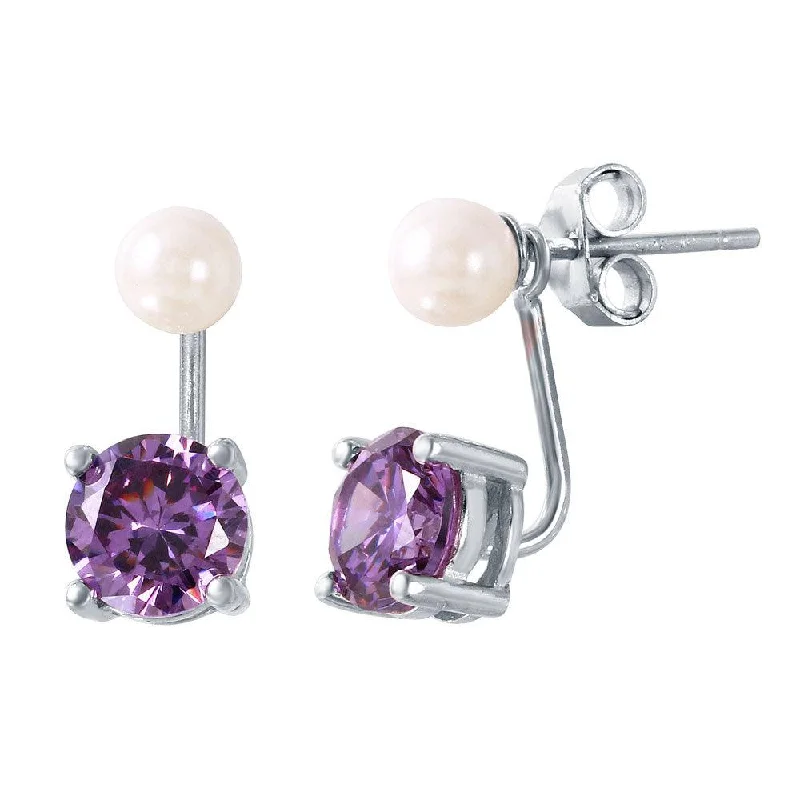 Best hoop earrings with rose gold for a romantic and warm aesthetic-Rhodium Plated 925 Sterling Silver Pearl Purple Front and Back Earrings - STE00990FEB