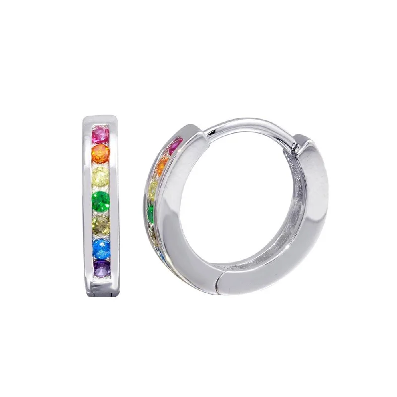 Best hoop earrings with marbled designs for a trendy and artistic effect-Rhodium Plated 925 Sterling Silver Rainbow Multi CZ huggie hoop Earrings 13.1mm - STE01209