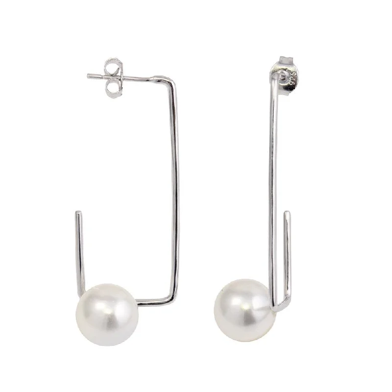 Best hoop earrings with blackened metal for an edgy and bold appearance-Rhodium Plated 925 Sterling Silver Rectangular Dangling Earrings with Synthetic Pearl - STE01132