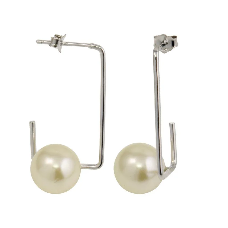 Best hoop earrings with minimalist designs for a clean and modern aesthetic-Rhodium Plated 925 Sterling Silver Rectangular Dangling Earrings with Pearl - STE01133