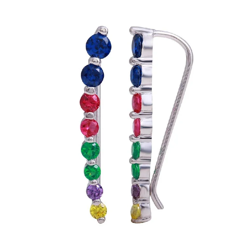 Best hoop earrings with multi-colored gemstones for a vibrant and lively touch-Rhodium Plated 925 Sterling Silver Round Multi-Colored CZ Stone Climbing Earrings - GME00116RBC