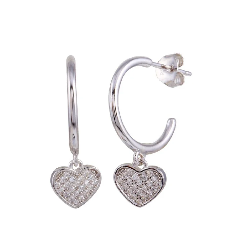 Best hoop earrings with gold-plated finishes for an affordable luxury vibe-Rhodium Plated 925 Sterling Silver Semi Hoop CZ Heart Shaped Earrings - BGE00636