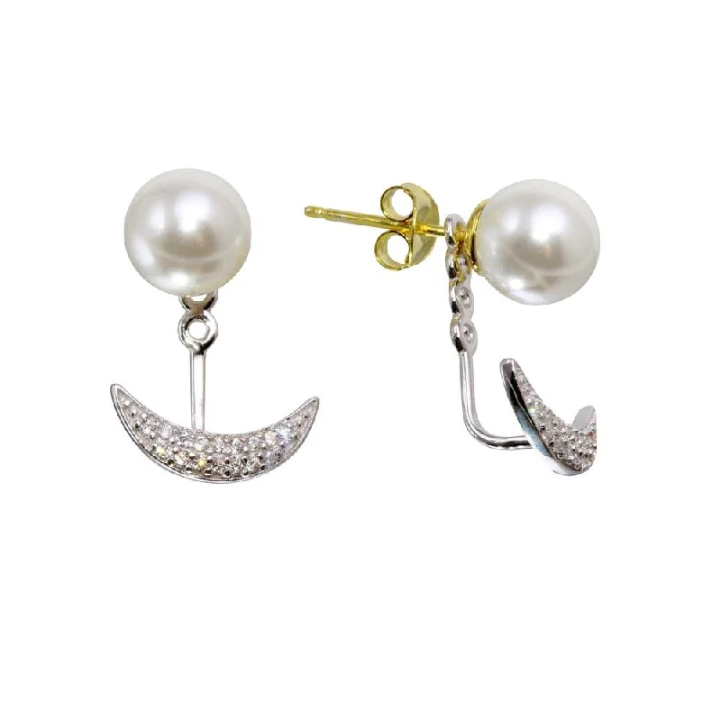 Hoop earrings with abstract wirework for an artistic, unique look-Rhodium Plated 925 Sterling Silver Synthetic Pearl and Crescent Front and Back Earrings with CZ - BGE00575