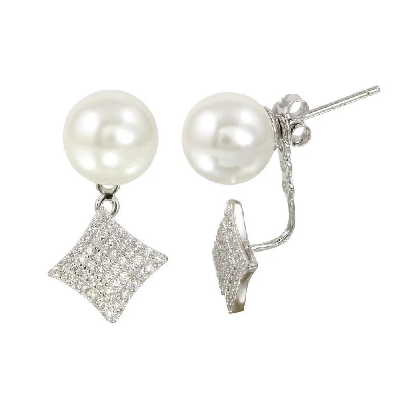 Best hoop earrings with intricate beaded details for a textured, stylish appearance-Rhodium Plated 925 Sterling Silver Synthetic Pearl and Diamond-Shaped Front and Back Earrings with CZ - BGE00568