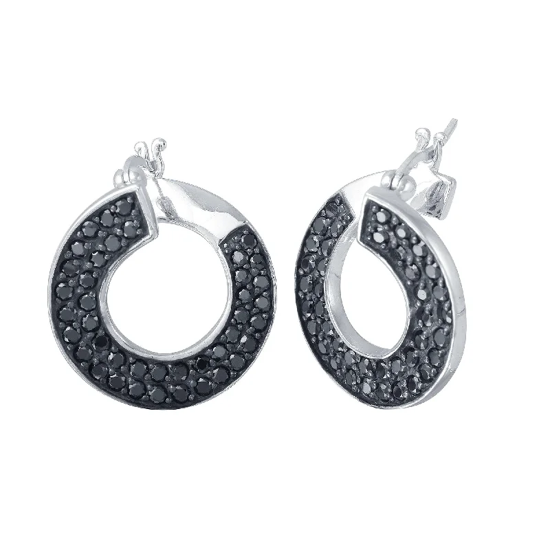 Hoop earrings with pearl accents for a chic and classic style-Clearance-Rhodium Plated 925 Sterling Silver Twirl Round Ramp Black CZ Hoop Earrings - STE00552