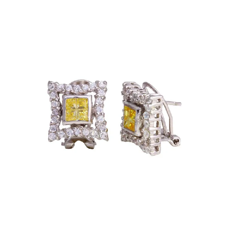 Hoop earrings with artistic filigree designs for an intricate, delicate finish-Final Price-Rhodium Plated 925 Sterling Silver Yellow Square DC CZ Design Men's Earrings - STEM138YLW