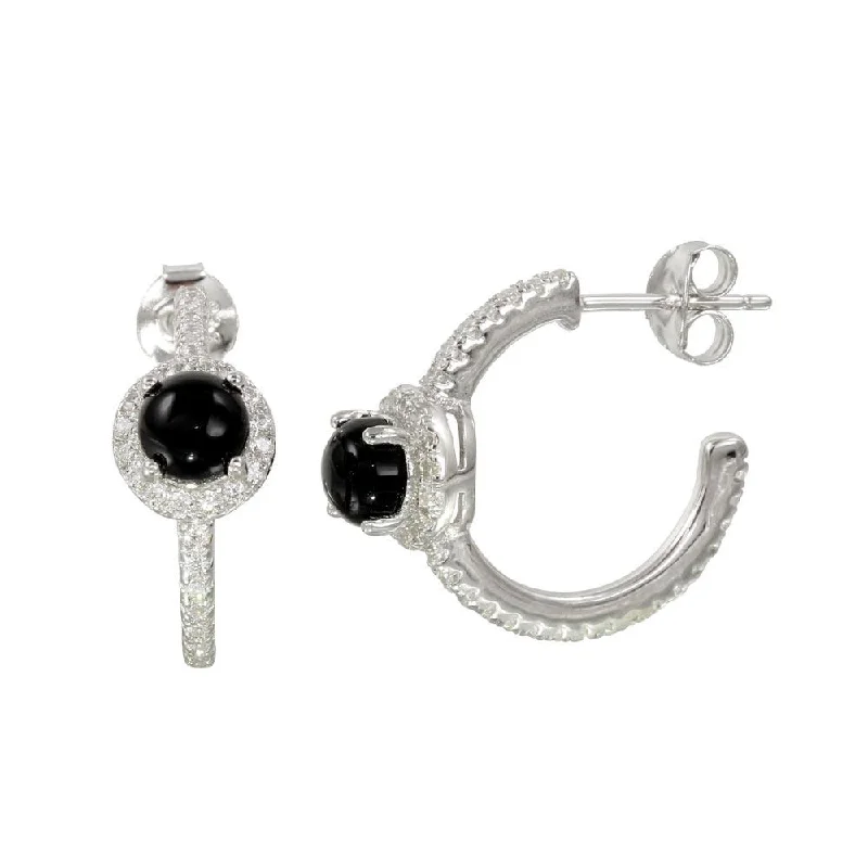 Classic hoop earrings with a thin profile for a sleek and subtle style-Rhodium Plated  925 Sterling Silver Semi-Hoop CZ Earrings with CZ and Black Stone - BGE00569BLK