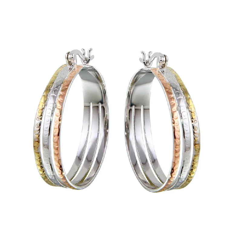 Hoop earrings with pearl accents for a chic and classic style-Three-Tone 925 Sterling Silver 3 Hoop Earrings - STE00446