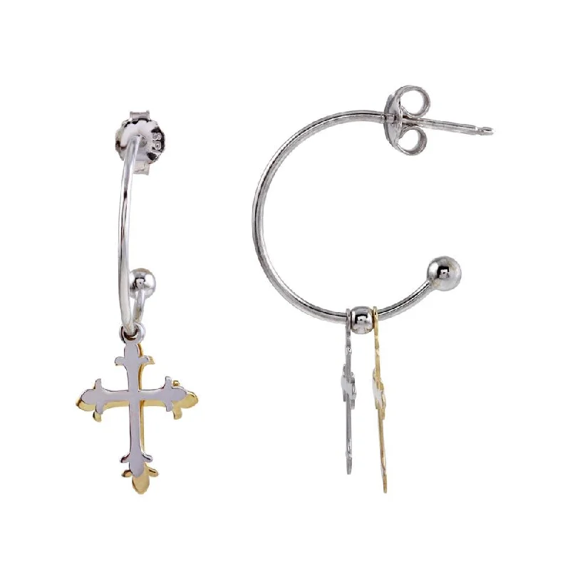 Hoop earrings with tortoiseshell designs for a chic and classic style-Two-Tone 925 Sterling Silver Semi-Hoop Cross Earrings - SOE00004