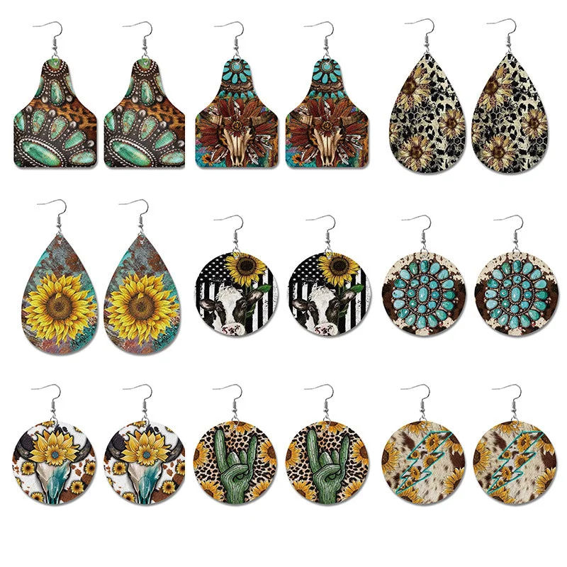 Best hoop earrings with intricate beaded details for a textured, stylish appearance-Wholesale Western Style Sunflower Cow Leather Earrings